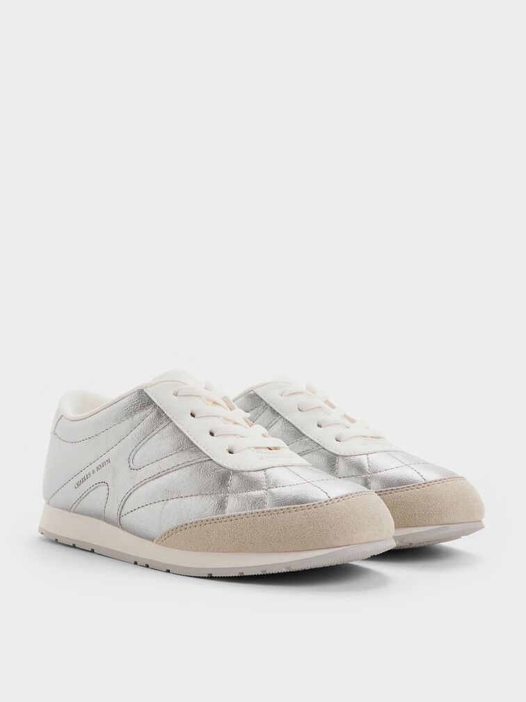 Girls' Faux Suede Metallic Sneakers, Silver, hi-res