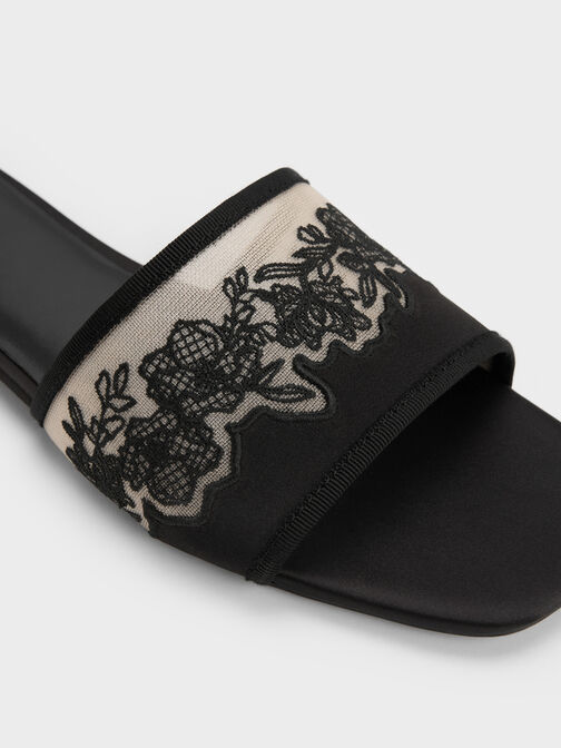 Satin Embroidered-Mesh Slide Sandals, Black Textured, hi-res