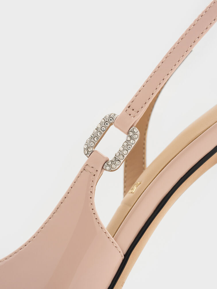 Patent Leather Crystal-Buckle Slingback Pumps, Pink, hi-res