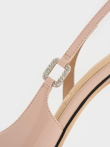 Patent Leather Crystal-Buckle Slingback Pumps, Pink, hi-res