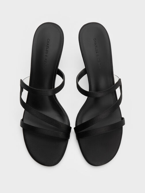 Arden Satin Wavy Heeled Mules, Black Textured, hi-res