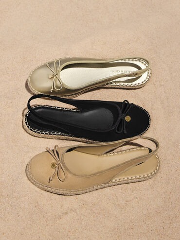 Pearlescent Bow Slingback Espadrilles, Gold, hi-res