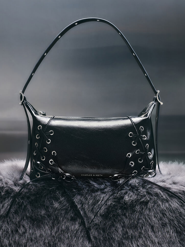 Xylia Grommet Lace-Up Shoulder Bag, Noir, hi-res