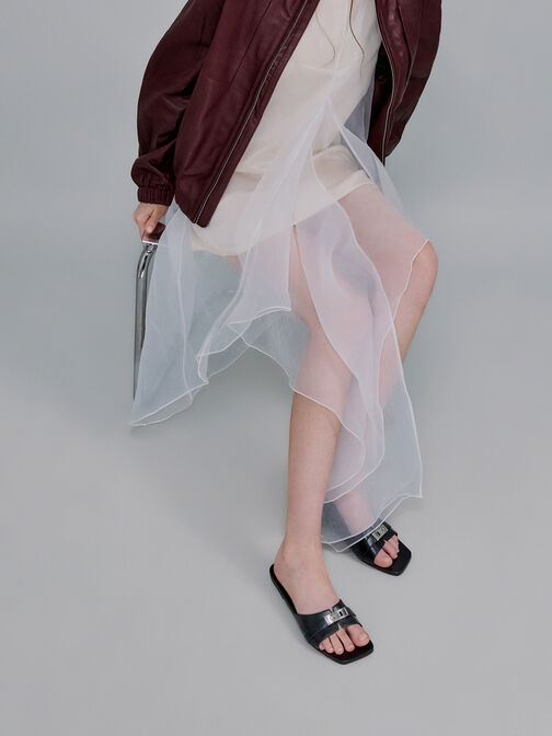 صندل لاندو سلايد بحزام مزين بتفاصيل ميتاليك, أسود, hi-res