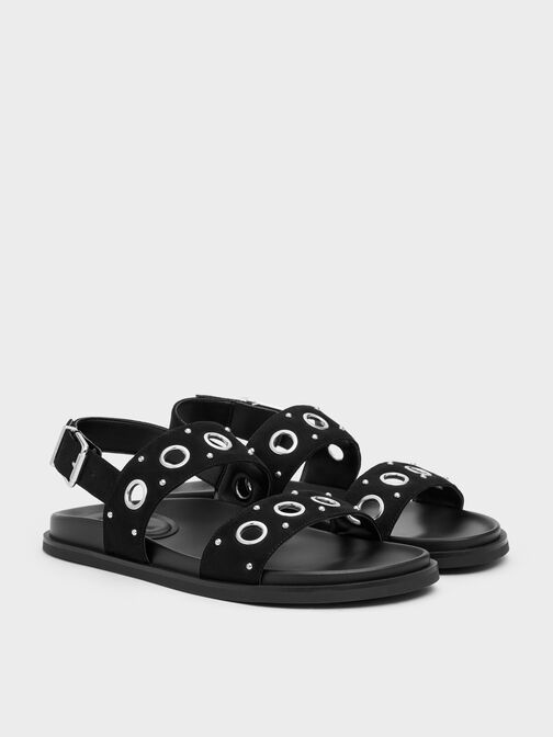 Faux Suede Grommet Slingback Sandals, Black Textured, hi-res