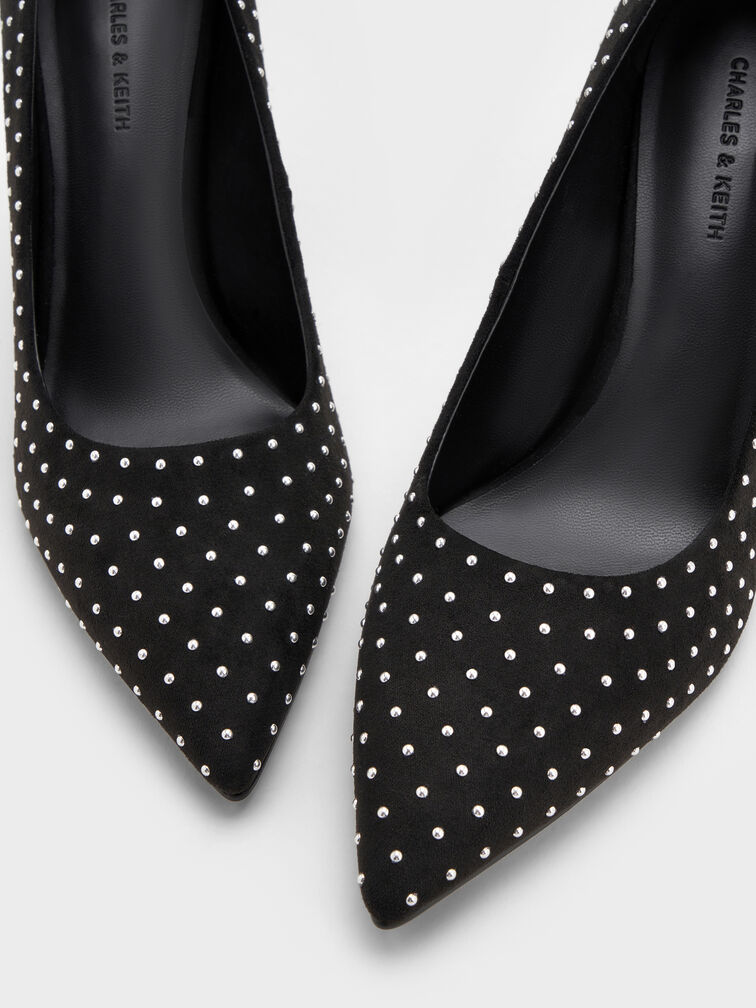 Faux Suede Studded Pointed Pumps, Black Textured, hi-res