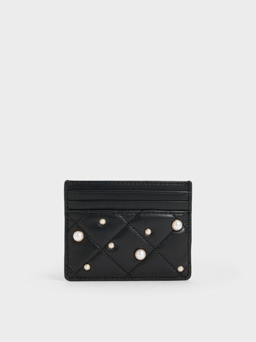 Janie Quilted Pearl Card Holder, Black, hi-res