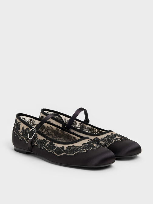 Satin Embroidered-Mesh Mary Jane Flats, Black Textured, hi-res