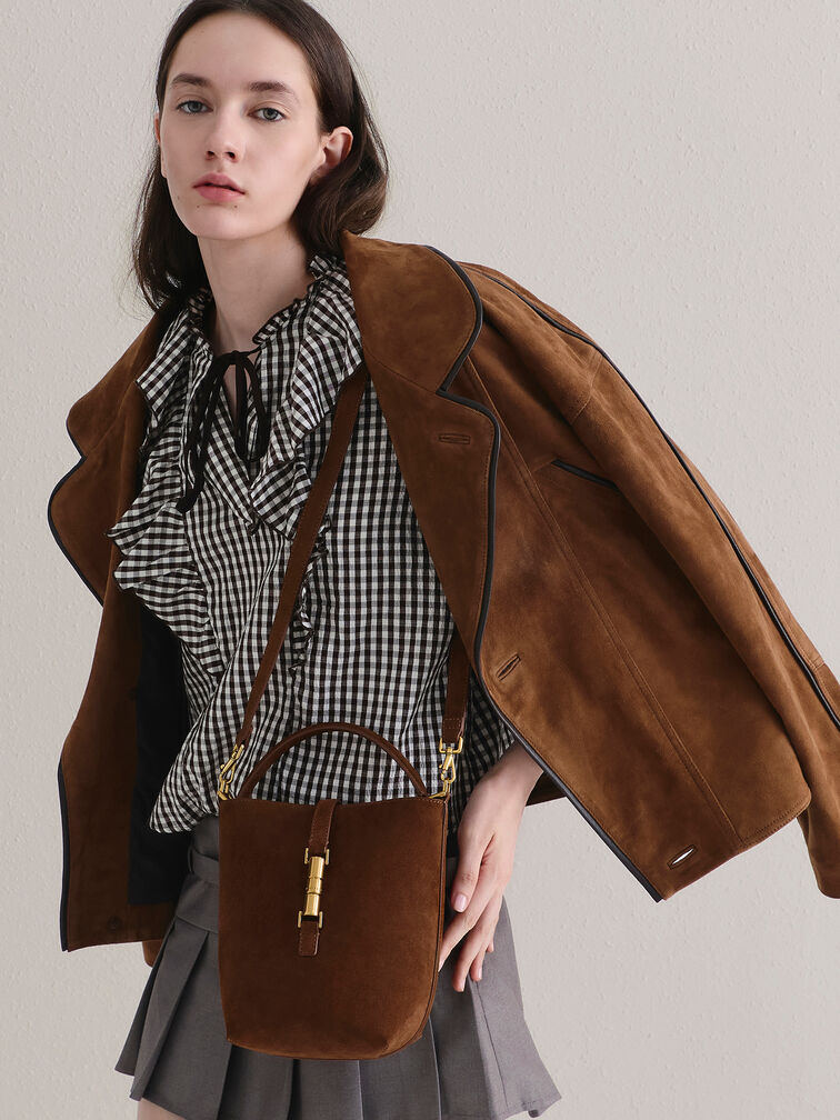 Cesia Metallic-Accent Bucket Bag, Pecan Brown, hi-res