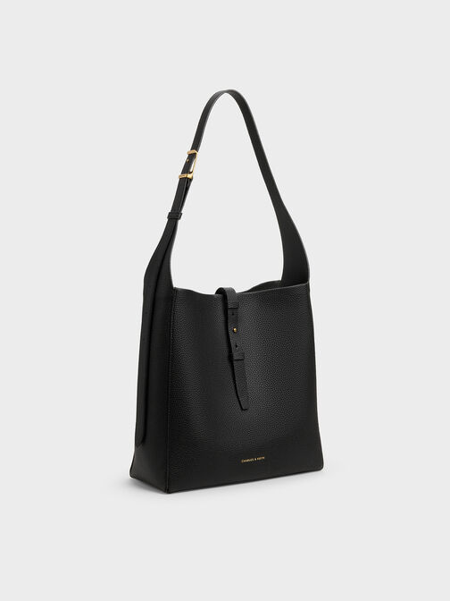 شنطة هوبو بريل بجلد معاد تدويره وحزام, أسود, hi-res