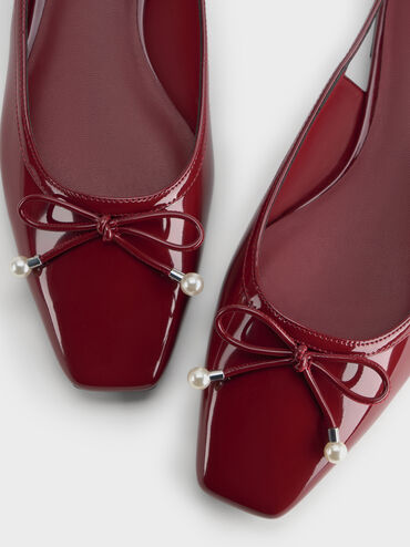 Barbara Patent Pearl-Bow Slingback Flats, Red, hi-res