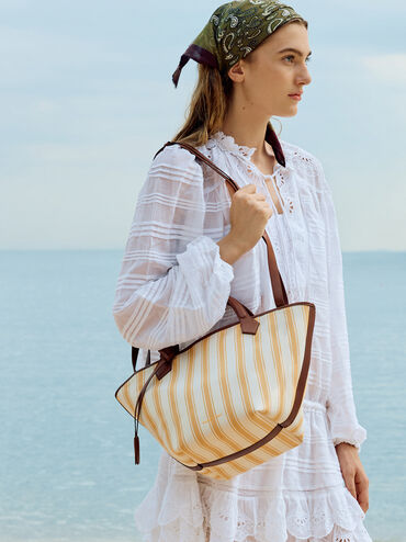 Large Ivanna Canvas Striped Tote Bag, Butterscotch Yellow, hi-res