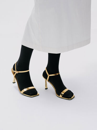 Metallic Ankle-Strap Heeled Sandals, Gold, hi-res