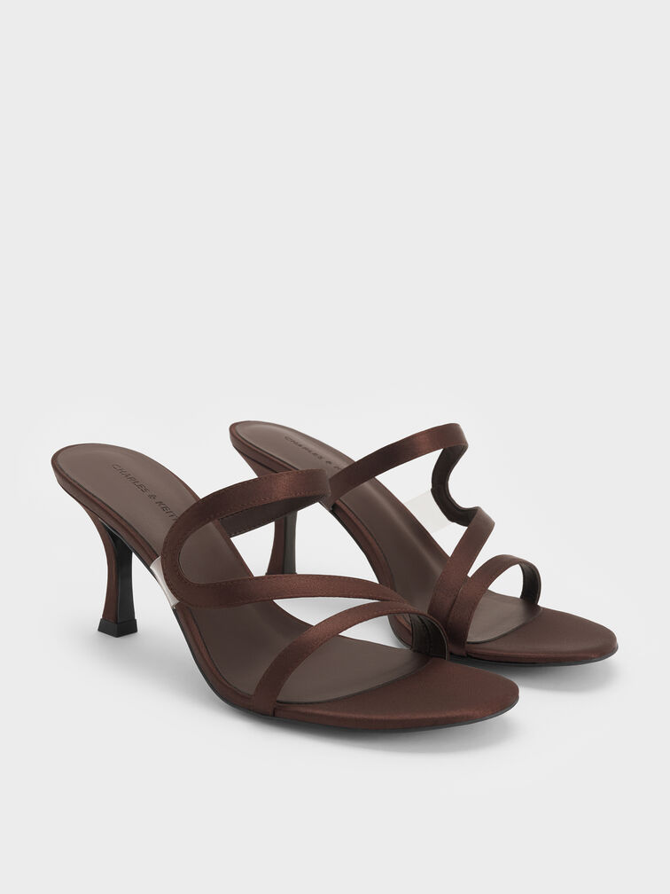 Arden Satin Wavy Heeled Mules, Dark Brown Textured, hi-res