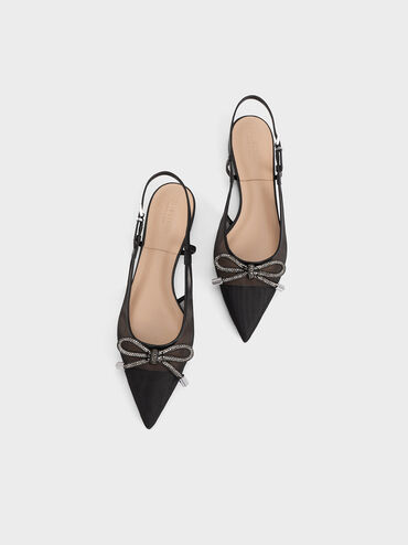Embellished-Bow Mesh Slingback Ballerinas, Black, hi-res