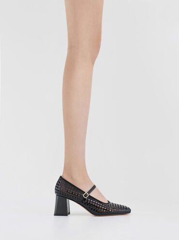Patent Perforated Square-Toe Block-Heel Mary Jane Pumps, Black Patent, hi-res