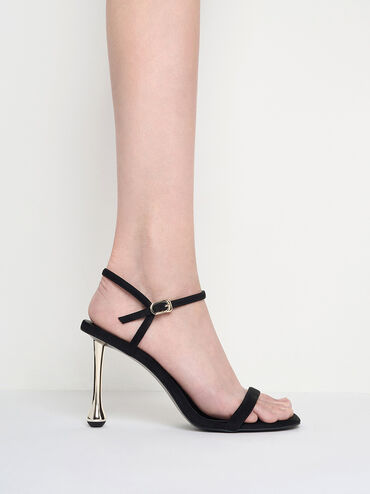 Faux Suede Sculptural-Heel Ankle-Strap Sandals, Black Textured, hi-res