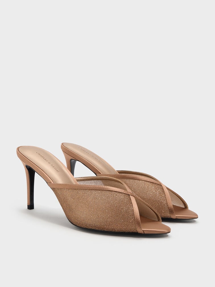Glittered Mesh Peep-Toe Heeled Mules, Bronze, hi-res