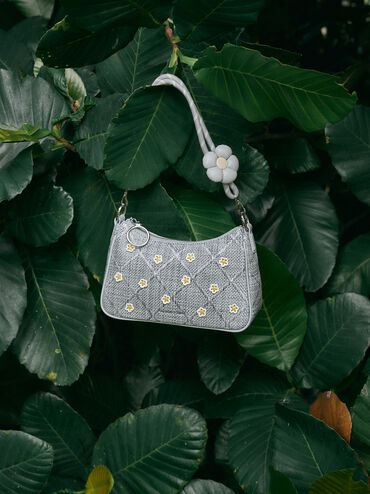Philomena Raffia Flower Crossbody Bag, Misty Blue, hi-res