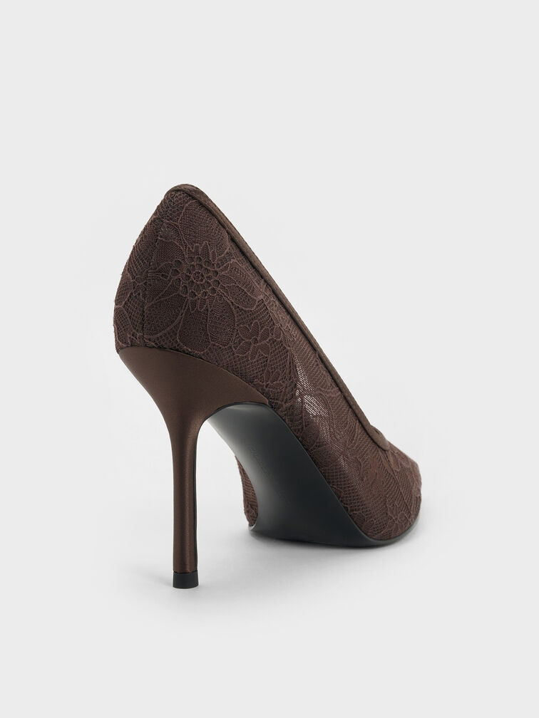 Lace & Satin Stiletto Pumps, Dark Brown Textured, hi-res
