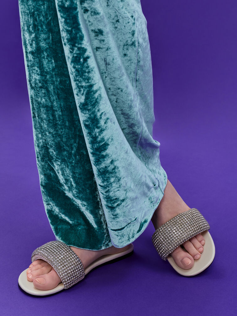 Faux Suede Crystal Slide Sandals, Chalk, hi-res