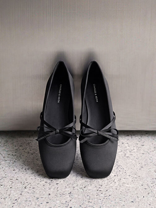 Satin Bow Ballet Flats, Black Textured, hi-res