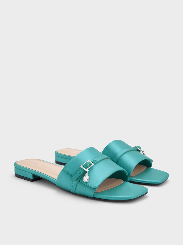 Teardrop-Crystal Buckled Slide Sandals, Teal, hi-res