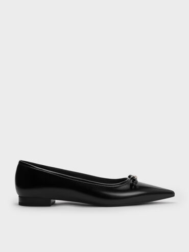 Bow Pointed Ballet Flats, Black, hi-res