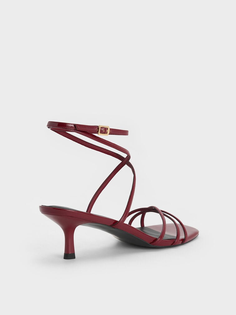 Patent Strappy Square-Toe Kitten-Heel Sandals, Red, hi-res