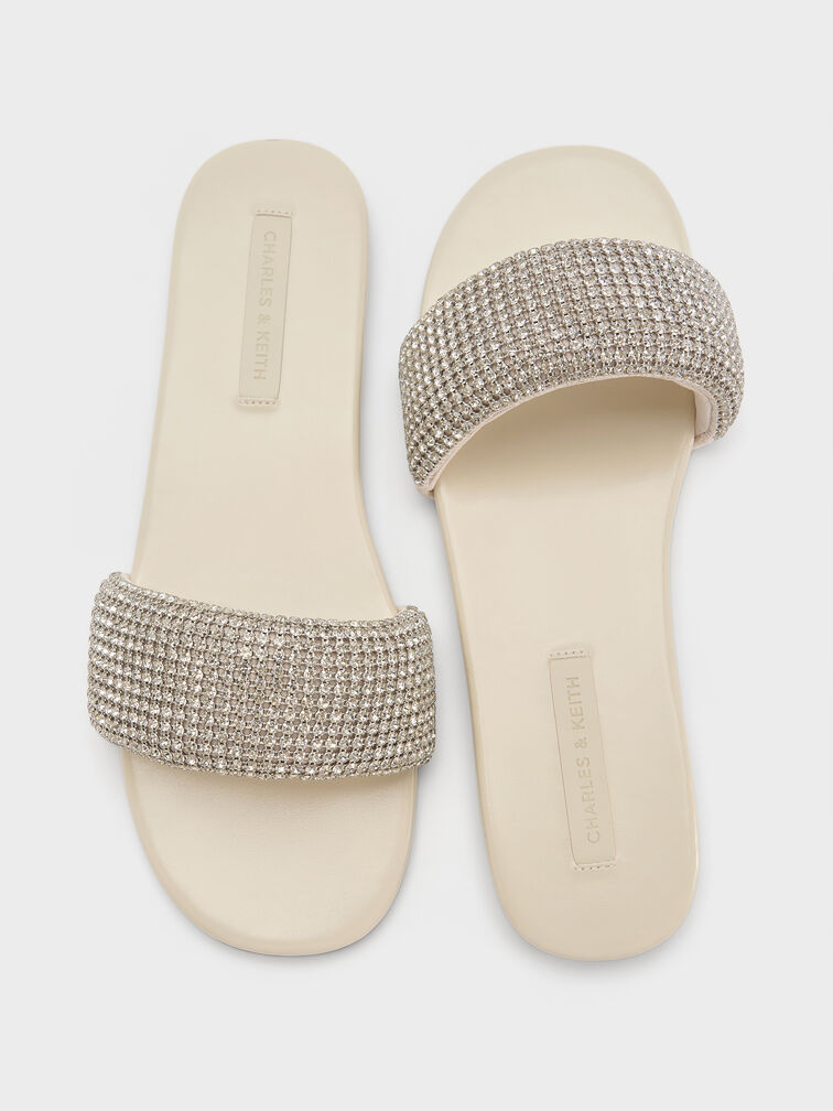Faux Suede Crystal Slide Sandals, Chalk, hi-res