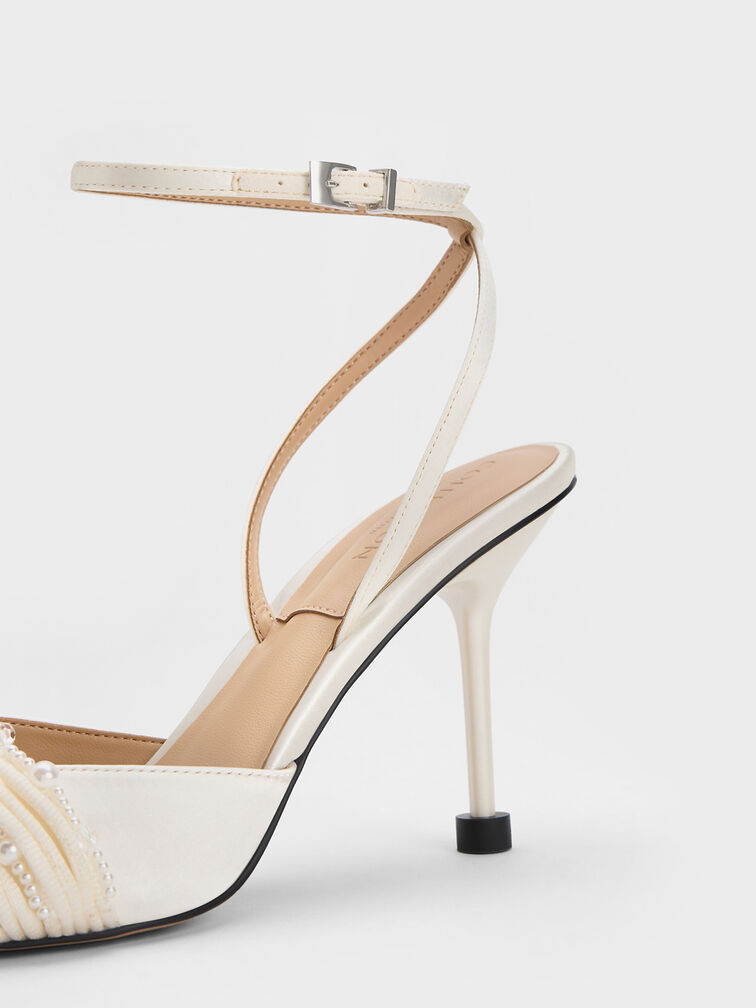 Leda Beaded Satin Ankle-Strap Pumps, White, hi-res