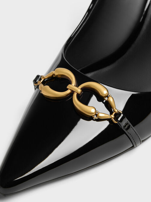 Patent Metallic-Buckle Pointed Pumps, Black Patent, hi-res