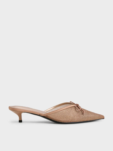 Glittered Mesh Bow Kitten Heels, Brown, hi-res