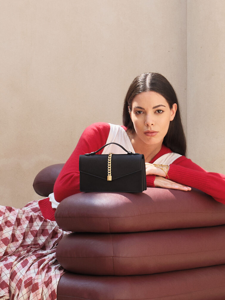 Taisia Chain Envelope Bag, Black, hi-res