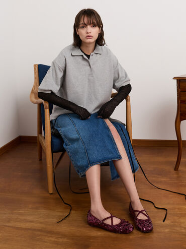 أحذية ماري جاين مسطحة مزينة بالترتر بأحزمة متقاطعة, برغندي, hi-res