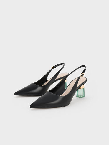 Oleana See-Through Trapeze Heel Slingback Pumps, Black, hi-res