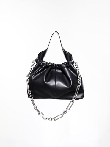 Ally Ruched Chain-Handle Bag, Noir, hi-res