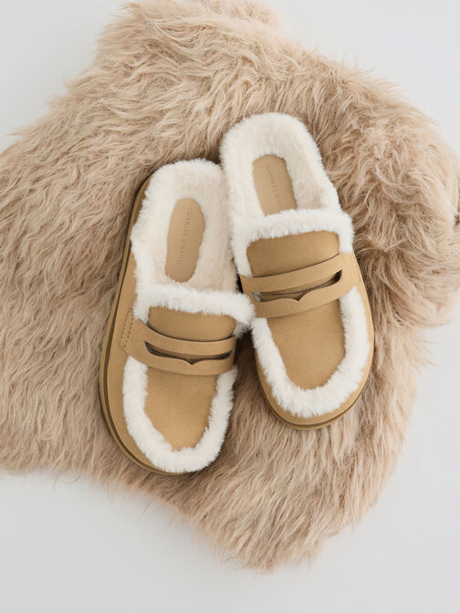 Furry Flatform Mules, Sand, hi-res