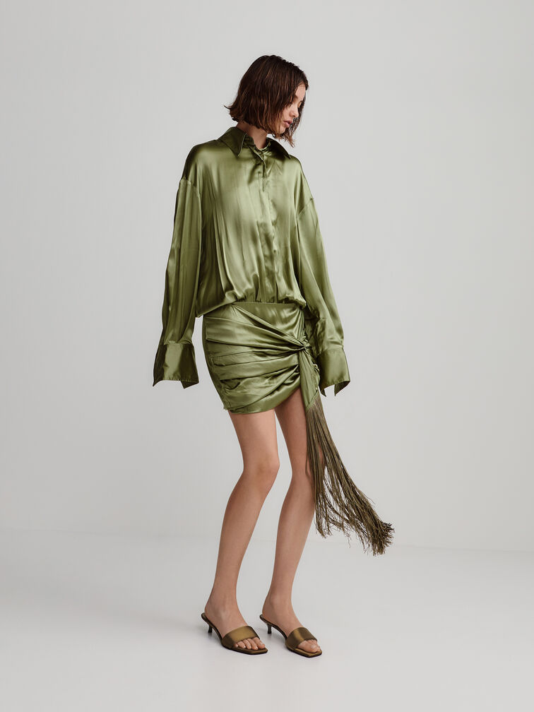 Susie Satin Kitten-Heel Mules, Olive, hi-res