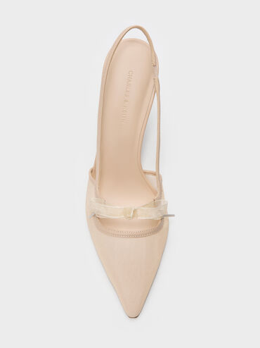 Venetia Mesh Bow Pointed Slingback Pumps, Nude, hi-res