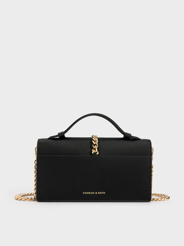 Taisia Chain Envelope Bag, Black, hi-res