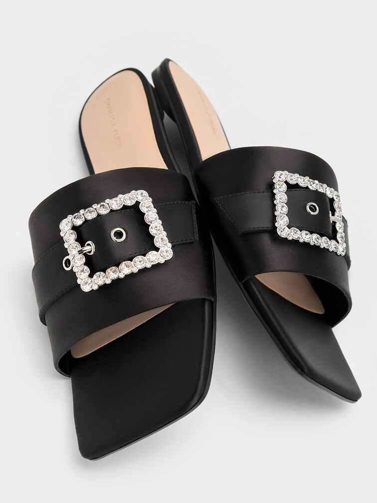 Gem Slide Sandals, Black Textured, hi-res