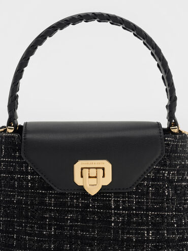 Arwen Tweed Quilted Top Handle Bag, Black Tweed, hi-res