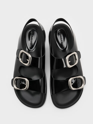 Buckled Double-Strap Slingback Sandals, Black Boxed, hi-res
