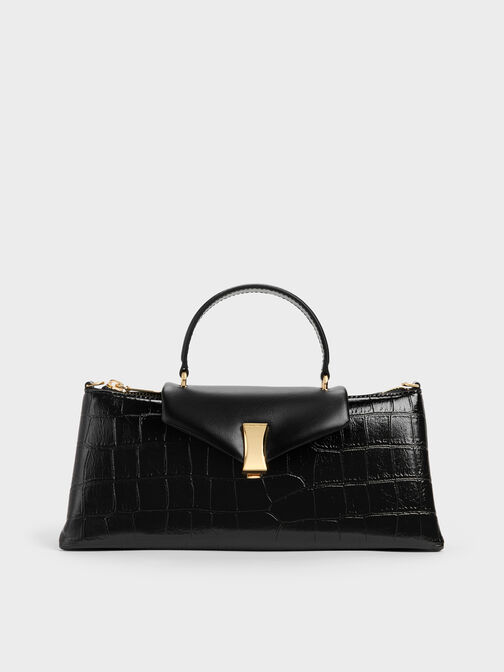 Lilibet Croc-Effect Elongated Top Handle Bag, Black, hi-res
