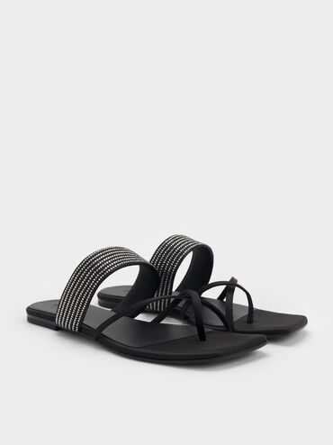 Satin Crystal-Embellished Crossover Toe-Ring Sandals, Black Textured, hi-res