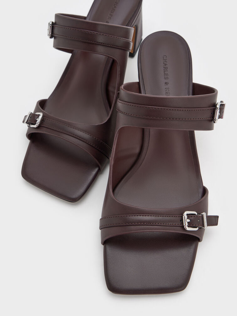 Buckled Double-Strap Heeled Mules, Burgundy, hi-res