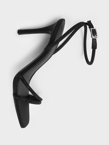 صندل ساتان بكعب غير مستوي مزين بالكريستالات, أسود خشن, hi-res