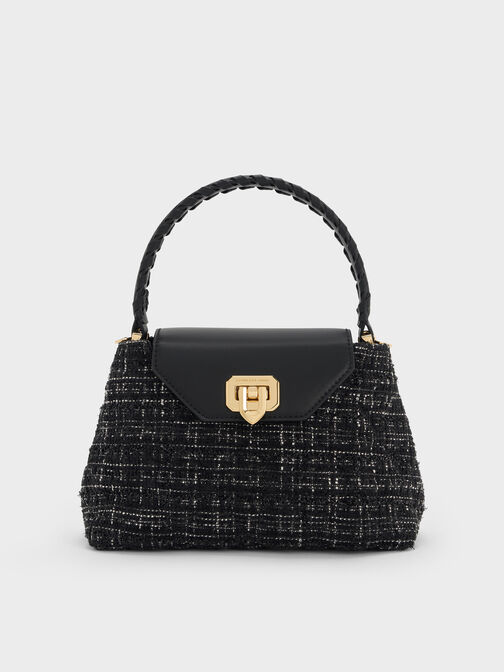 Arwen Tweed Quilted Top Handle Bag, Black Tweed, hi-res