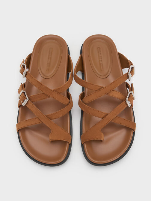 Faux Suede Crossover Toe-Ring Sandals, Cognac, hi-res